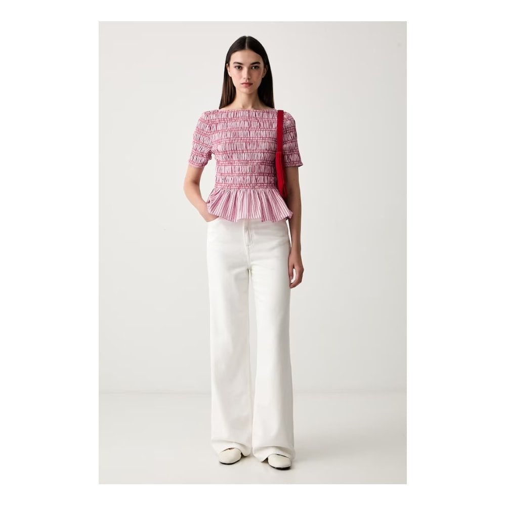 Smocking Stripe Boat Neck Blouse