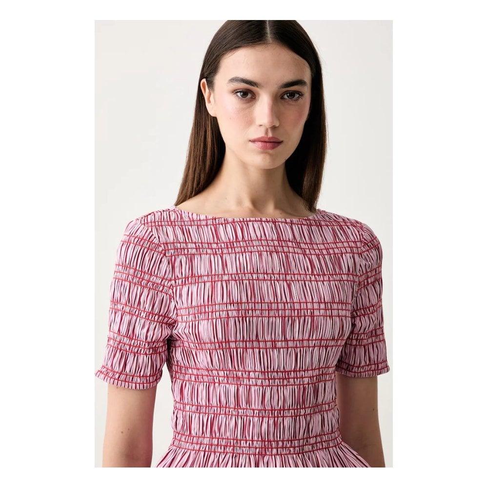 Smocking Stripe Boat Neck Blouse