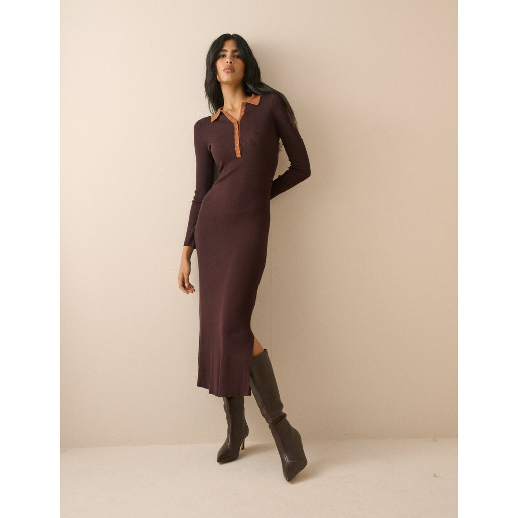 Ribbed Contrast Polo Midi Dress