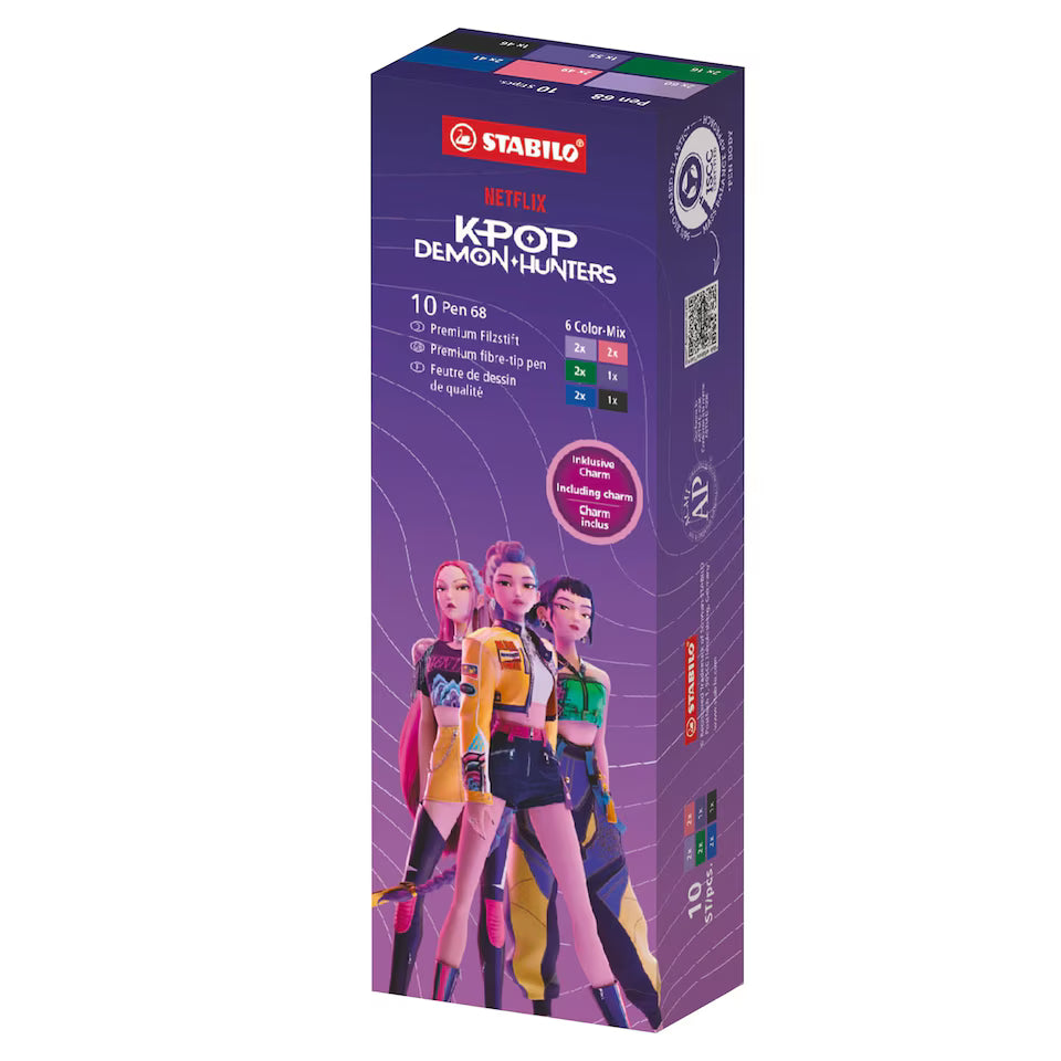 STABILO Pen 68 KPop Demon Hunters - Premium Fibre-Tip Pen - Colour-Mix Box of 10 - with Assorted Characters Designs with Charms