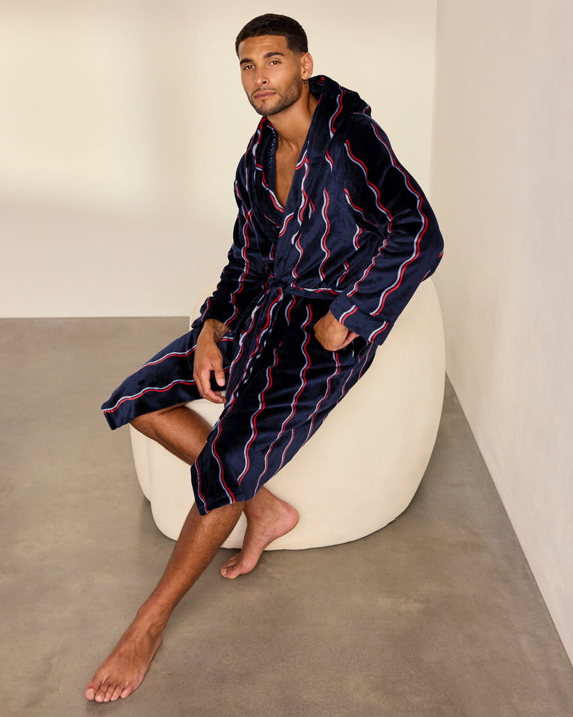 Fleece Stripe Hooded Dressing Gown