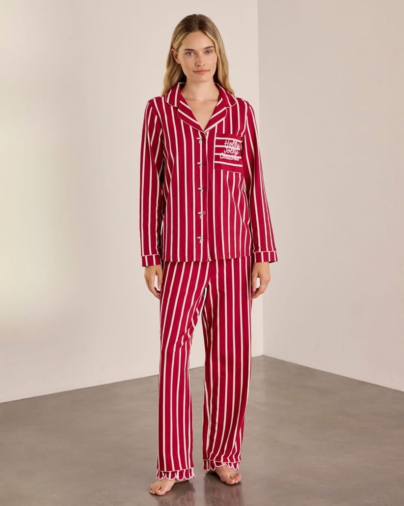 Organic Cotton Embroidered Holly Jolly Christmas Long Pyjama Set