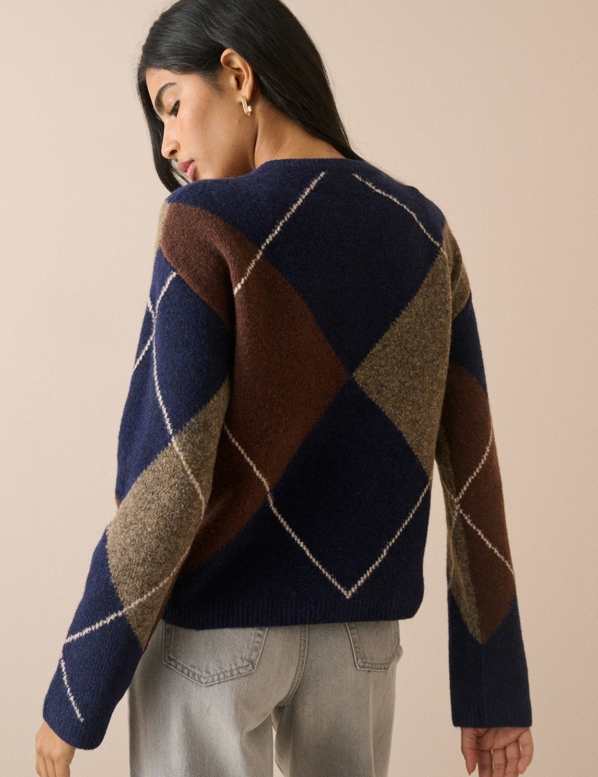 Argyle Ribbed Trim Henley Jumper