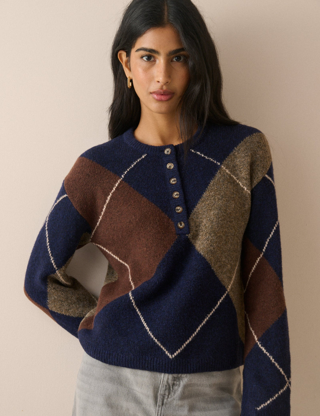 Argyle Ribbed Trim Henley Jumper