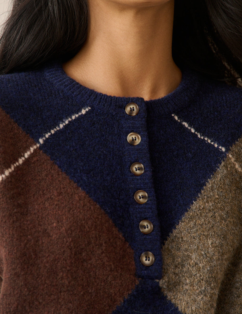 Argyle Ribbed Trim Henley Jumper