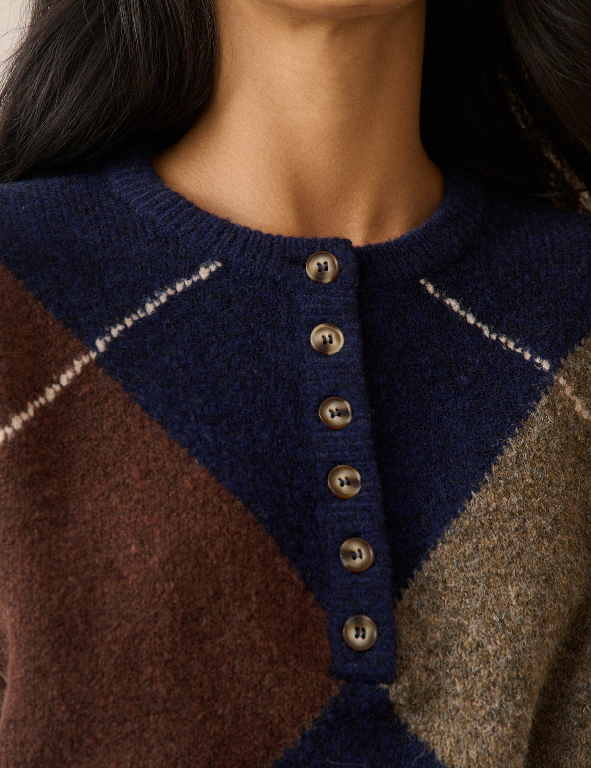 Argyle Ribbed Trim Henley Jumper