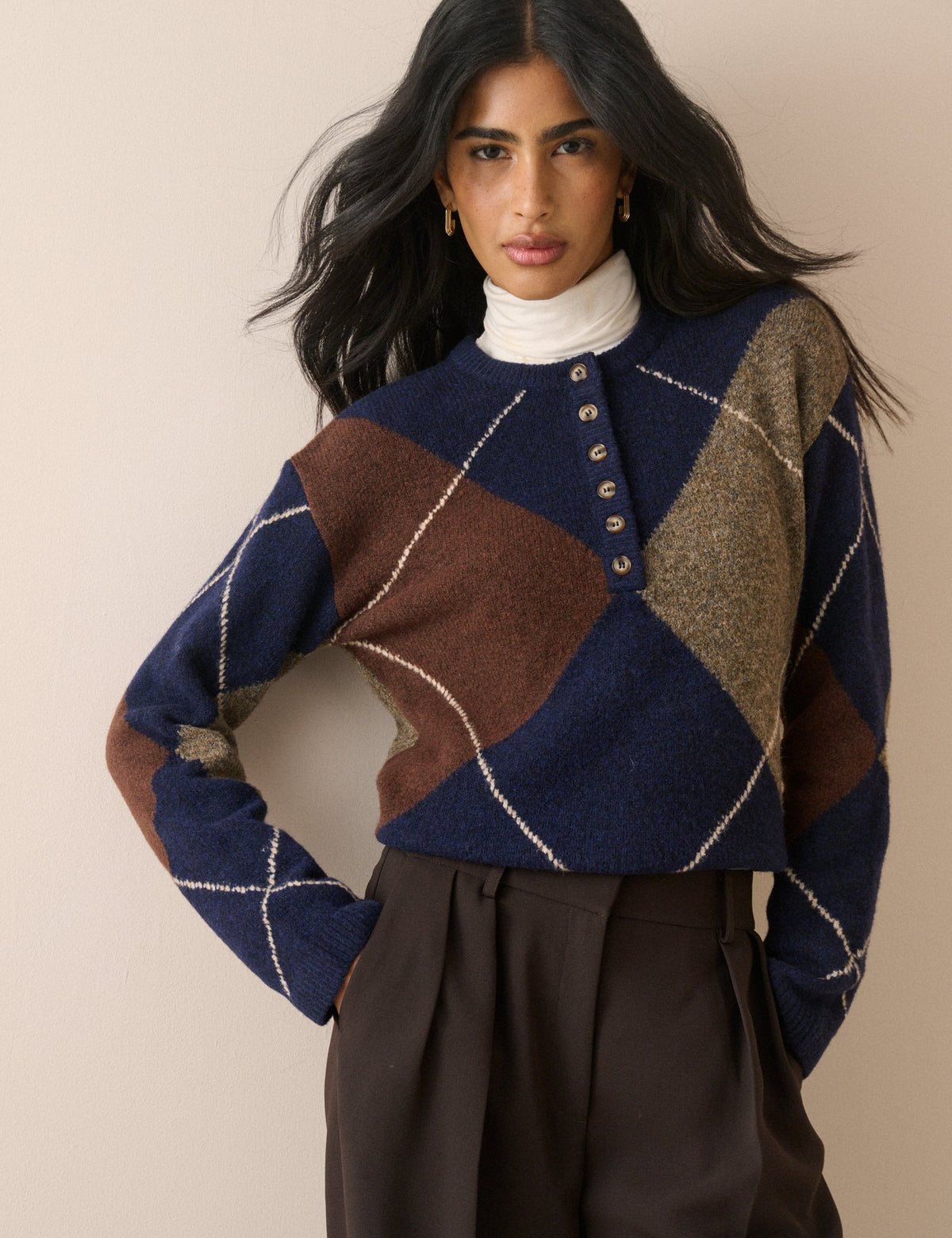 Argyle Ribbed Trim Henley Jumper