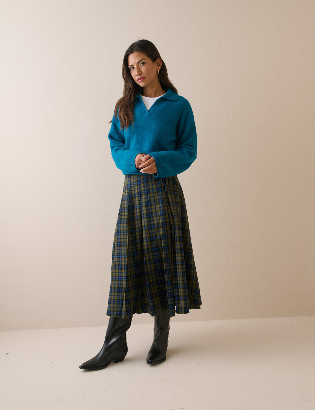 Pleated Tartan Midi Skirt