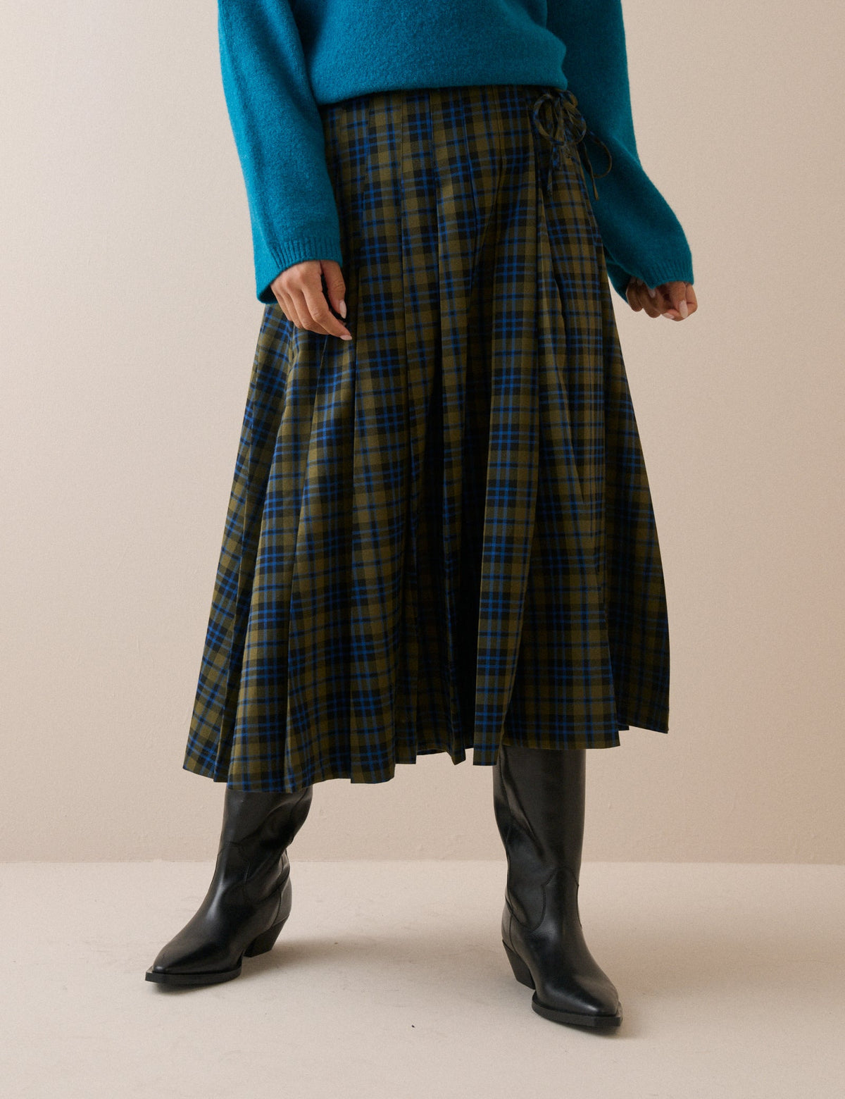 Pleated Tartan Midi Skirt