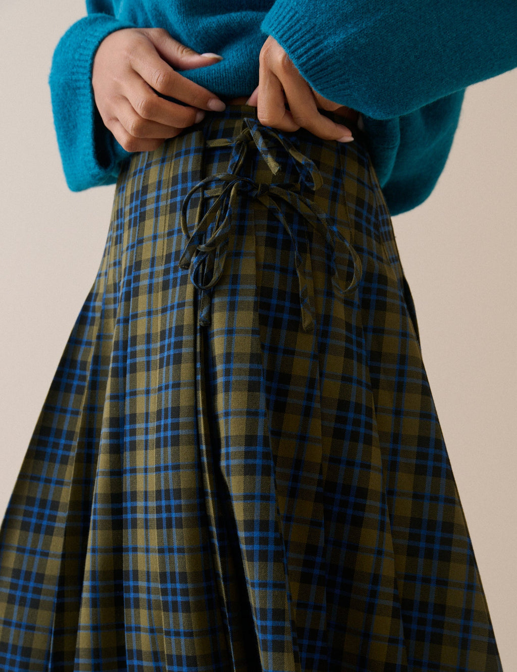Pleated Tartan Midi Skirt