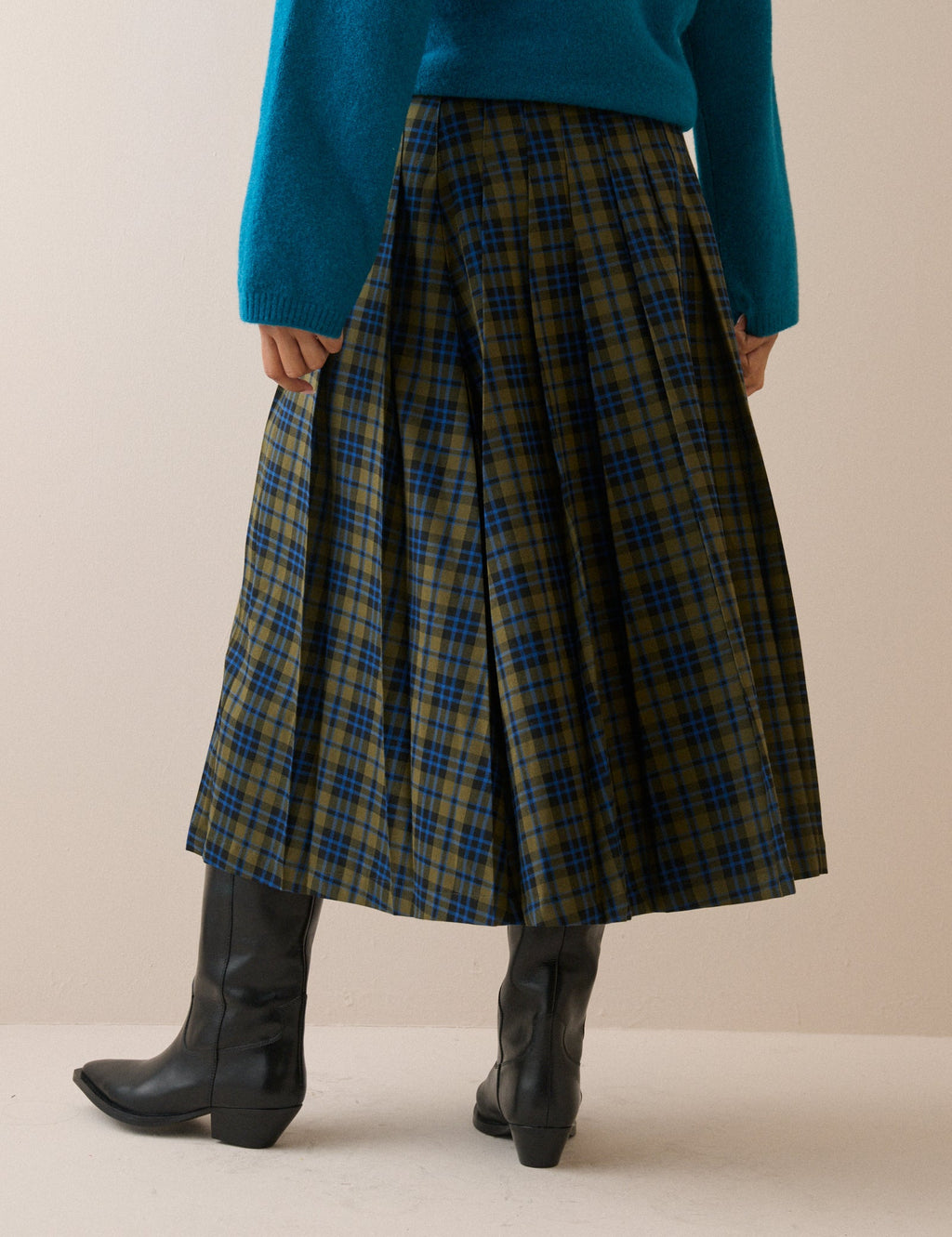 Pleated Tartan Midi Skirt