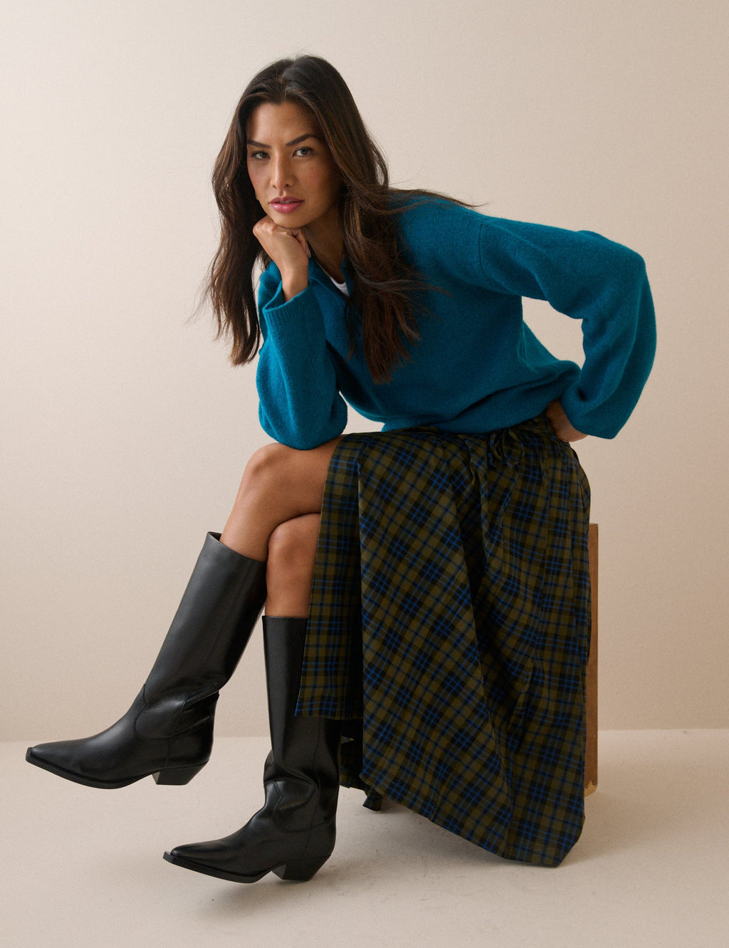 Pleated Tartan Midi Skirt