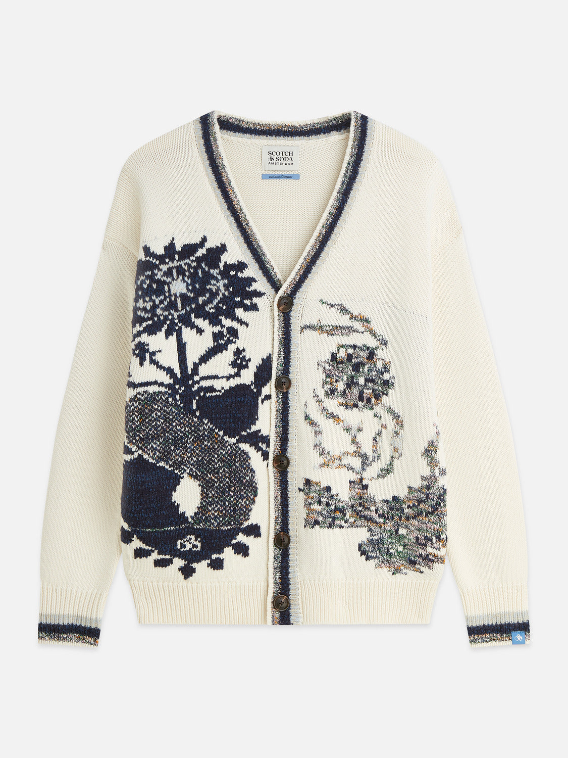 Intarsia Cotton-Blend Dropped Shoulder Cardigan