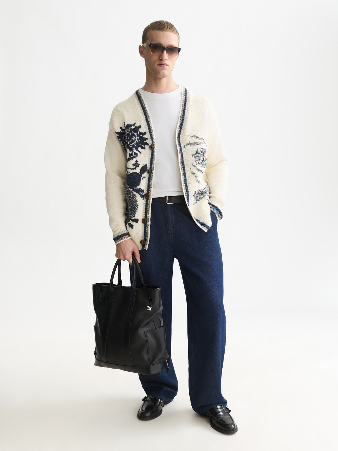 Intarsia Cotton-Blend Dropped Shoulder Cardigan
