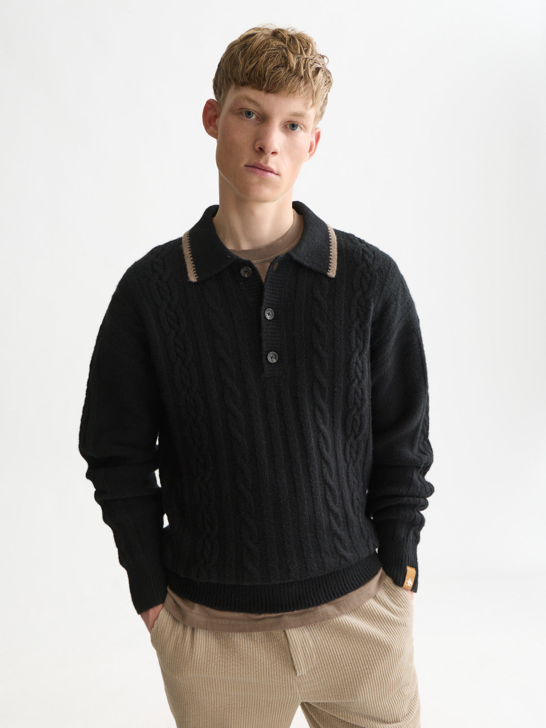 Soft Cable Knit Wool Blend Polo Pullover