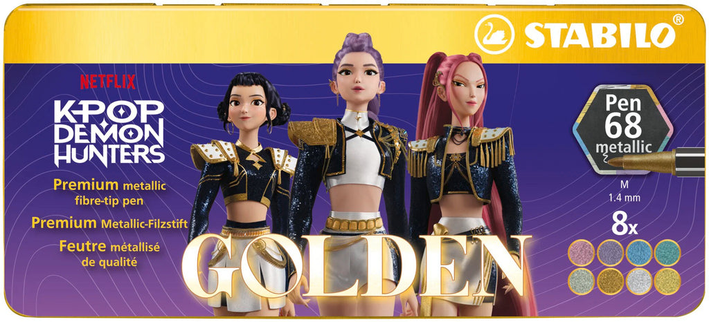 STABILO Pen 68 metallic KPop Demon Hunters - Premium Metallic Fibre-Tip Pen - Metal Wallet of 8 - in Special "Golden" Design