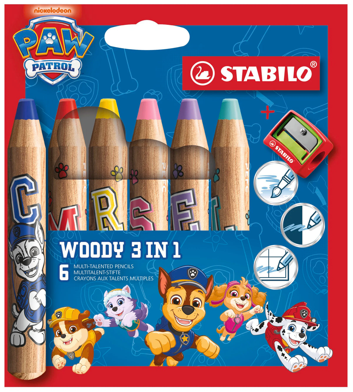 STABILO woody 3-in-1 PAW Patrol - Multi-Talented Pencil - Wallet of 6 incl. Sharpener - with PAW Patrol Print