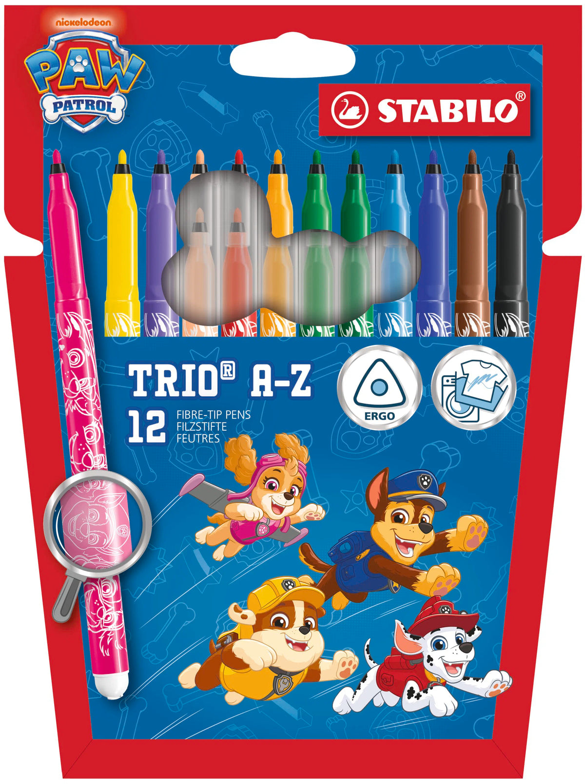 STABILO Trio A-Z PAW Patrol - Fibre-Tip Pen with Triangular Grip Zone - Wallet of 12 - with PAW Patrol Print