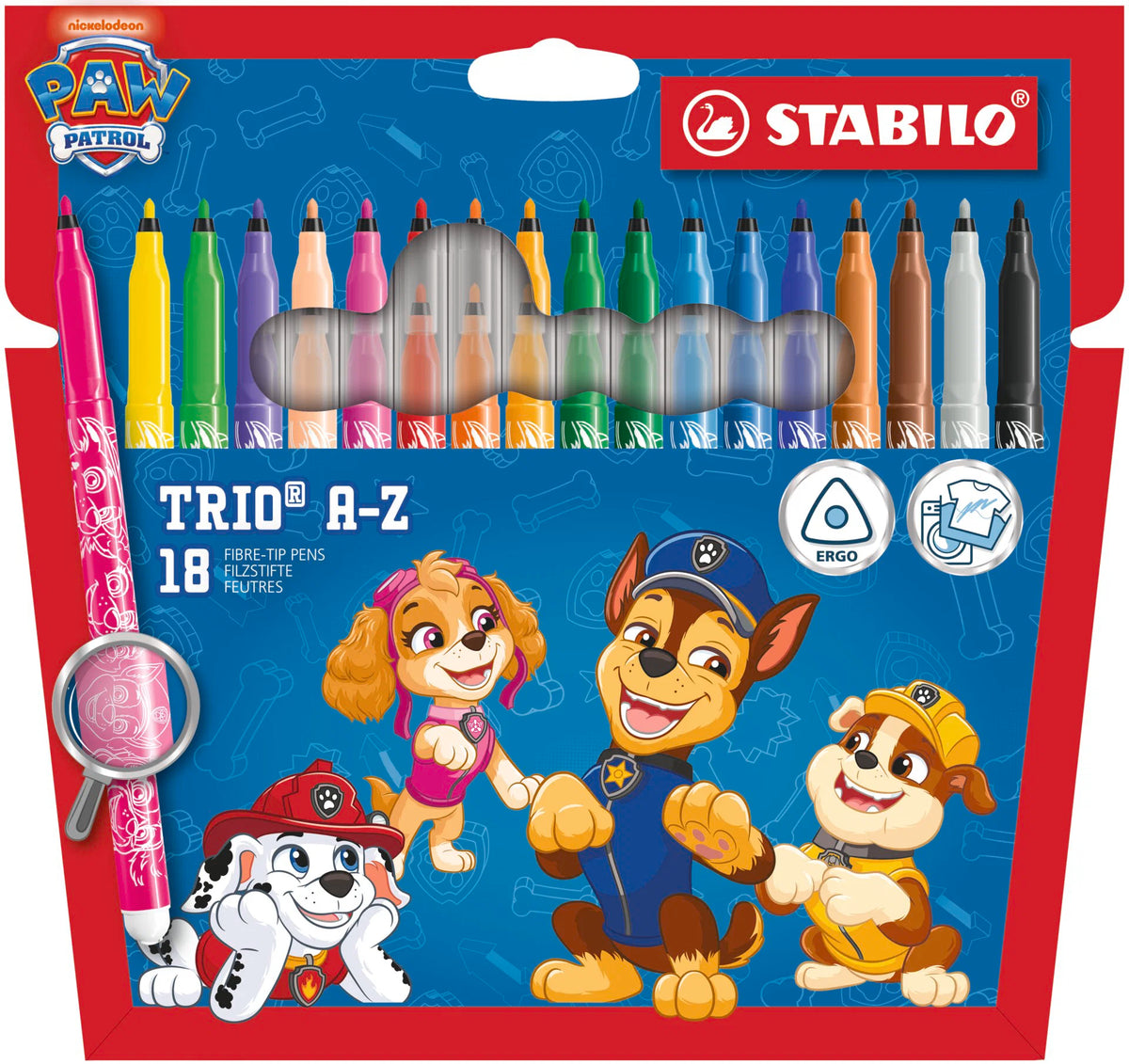 STABILO Trio A-Z PAW Patrol - Fibre-Tip Pen with Triangular Grip Zone - Wallet of 18 - with PAW Patrol Print