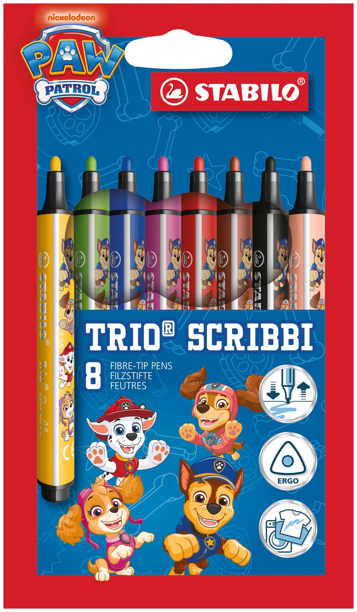 STABILO Trio Scribbi PAW Patrol - Triangular Fibre-Tip Pen - Wallet of 8 - with PAW Patrol Print