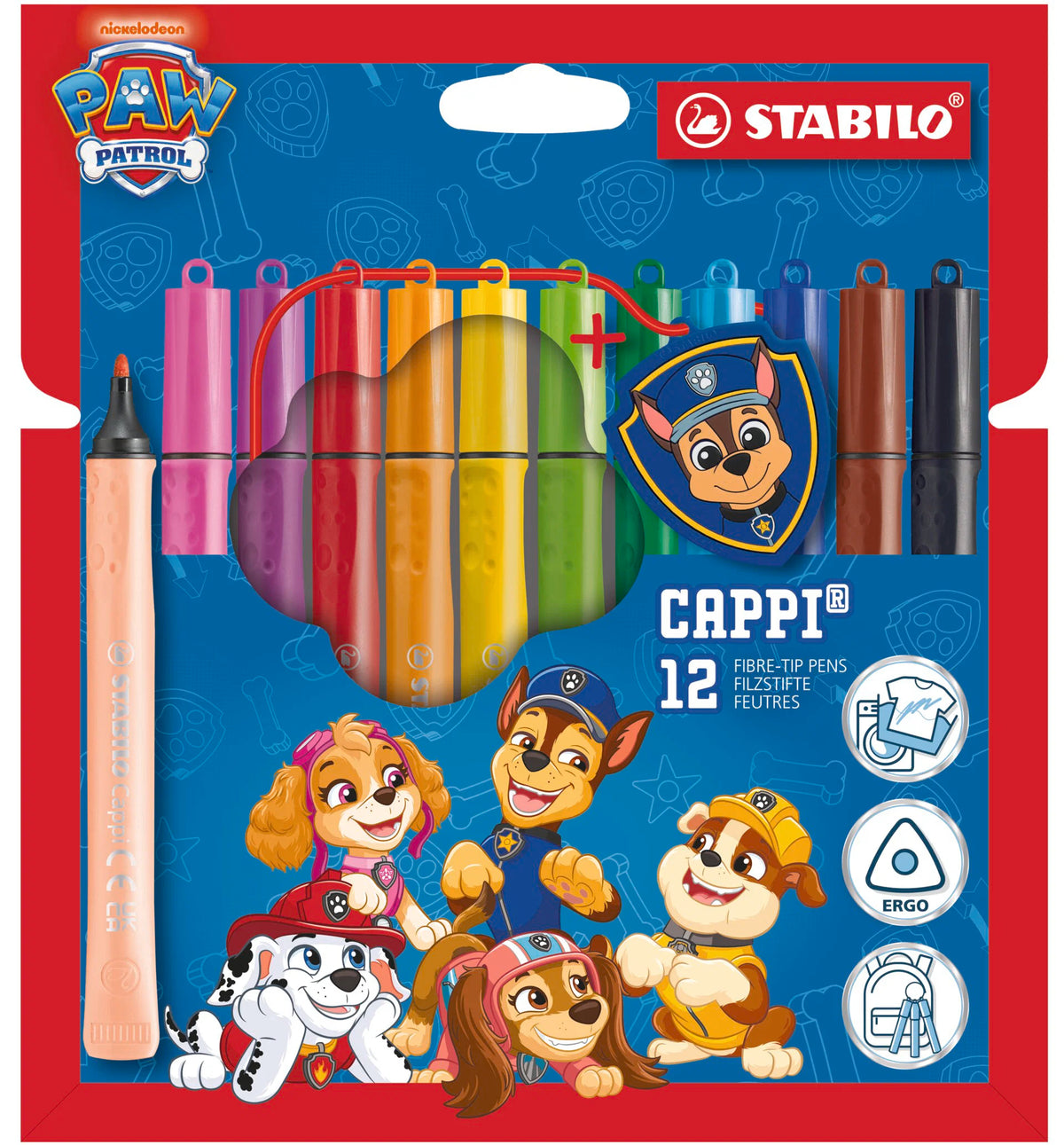 STABILO Cappi PAW Patrol - Fibre-Tip Pen with Cap-Ring - Wallet of 12 - with Chase’s Police Badge