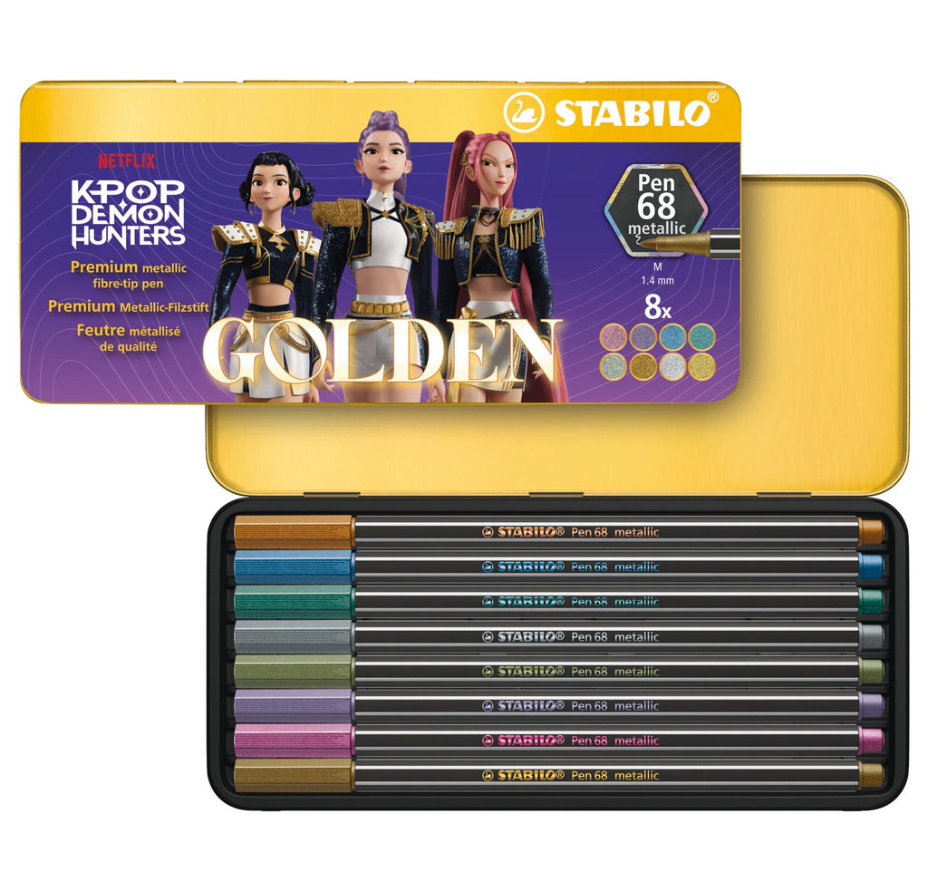 STABILO Pen 68 metallic KPop Demon Hunters - Premium Metallic Fibre-Tip Pen - Metal Wallet of 8 - in Special "Golden" Design