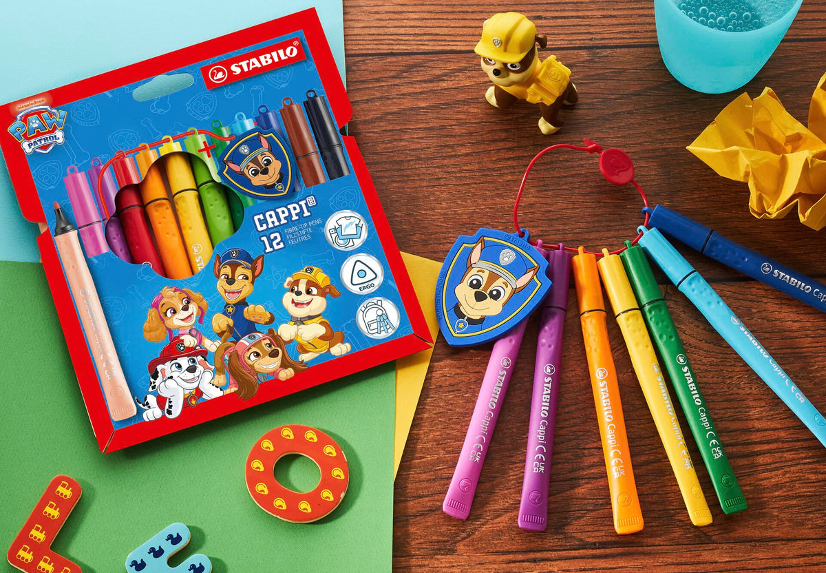 STABILO Cappi PAW Patrol - Fibre-Tip Pen with Cap-Ring - Wallet of 12 - with Chase’s Police Badge