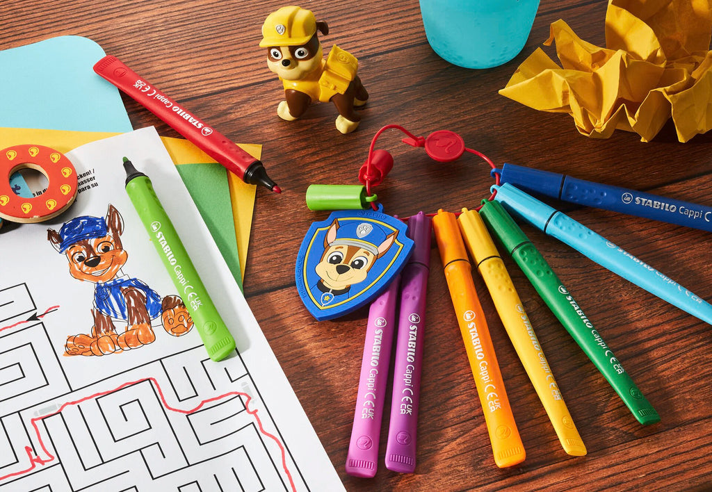 STABILO Cappi PAW Patrol - Fibre-Tip Pen with Cap-Ring - Wallet of 12 - with Chase’s Police Badge
