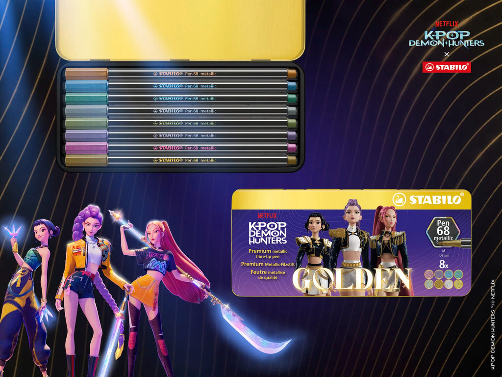 STABILO Pen 68 metallic KPop Demon Hunters - Premium Metallic Fibre-Tip Pen - Metal Wallet of 8 - in Special "Golden" Design