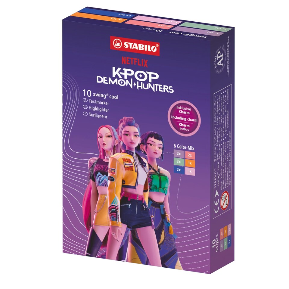 STABILO swing cool KPop Demon Hunters - Highlighter - Colour-Mix Box of 10 - with Assorted Characters Designs with Charm